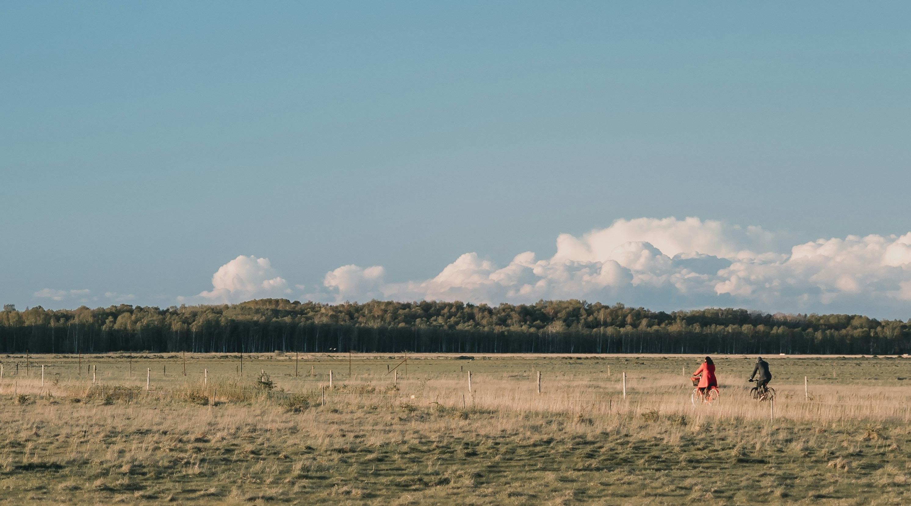 Two people cycling across an open field under a wide blue sky
